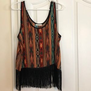 Tribal print tank with fringe detail